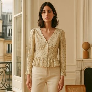 NWT The Shirt By Rochelle Behrens Ditsy Floral Long Sleeve Blouse White Green L